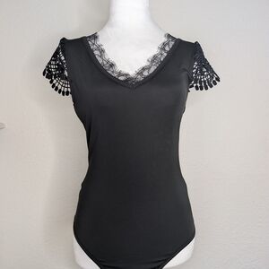 Chic Black Lace Sleeve Women's Bodysuit